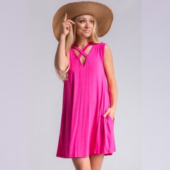 SLEEVELESS HOT PINK DRESS CRISS CROSS SWING FLARE - Picture 2 of 3